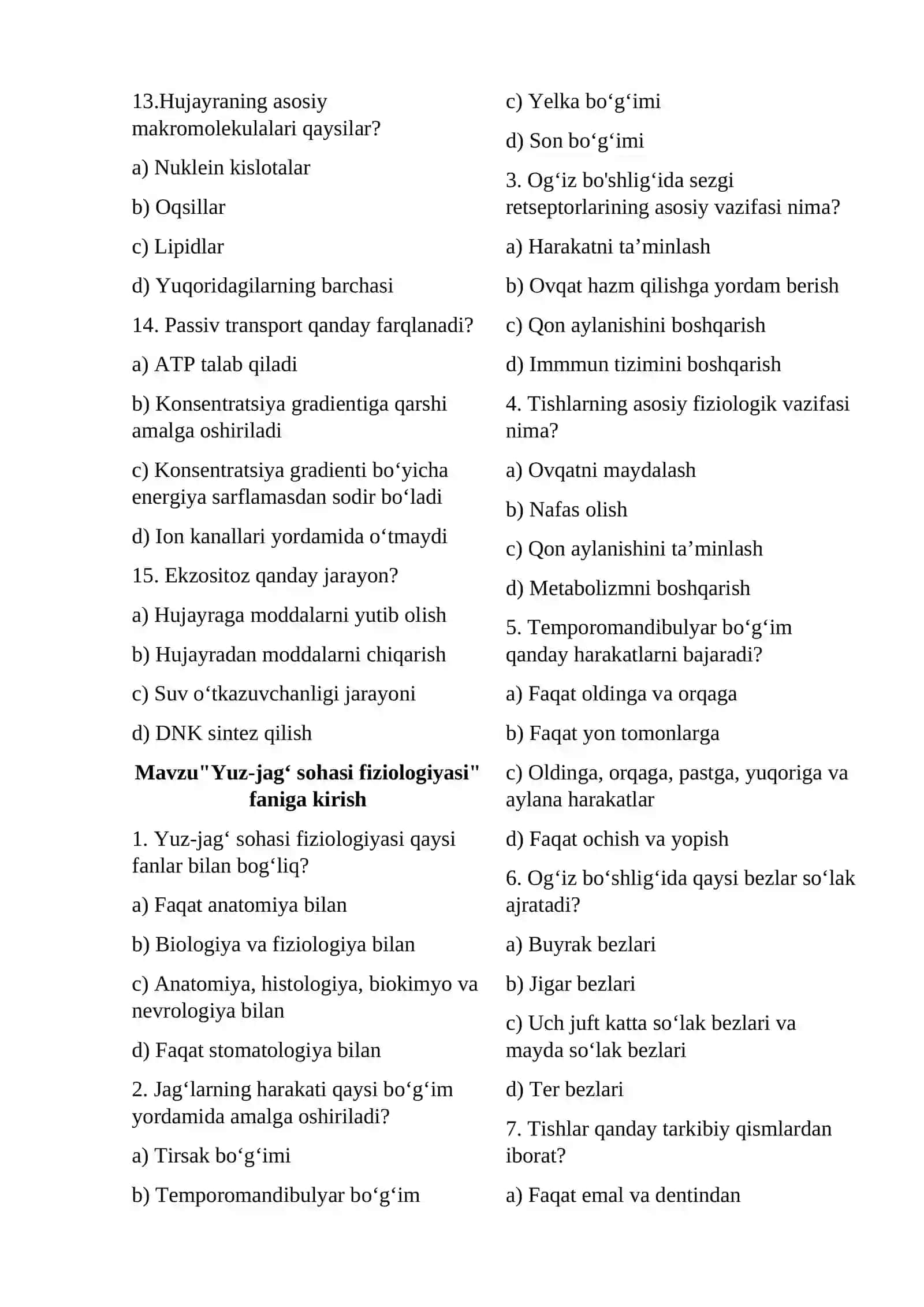 Fiziologiya-Yuz-jag’ sohasi fiziologiyasi fanidan tematik test to‘plami 4