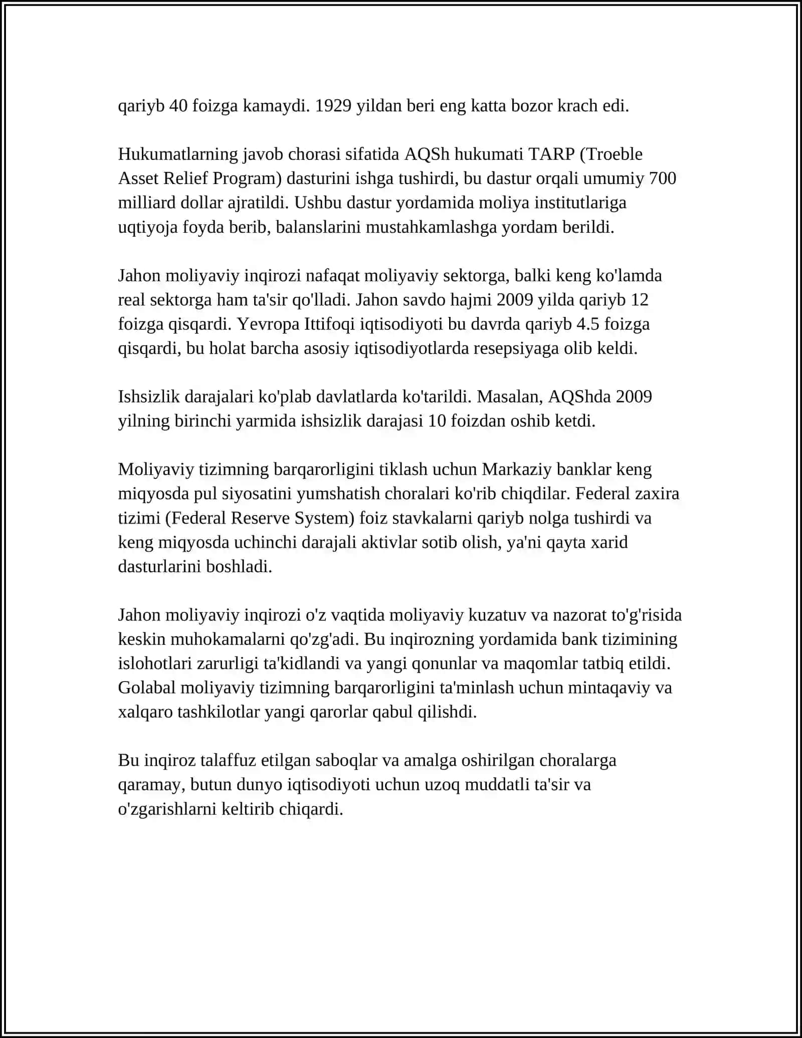 JAHON MOLIYAVIY INQIROZINING YUZAGA KELISHI SABABLARI VA UNI O'ZBEKISTONDA BARTARAF ETISH YO'LLARI 4