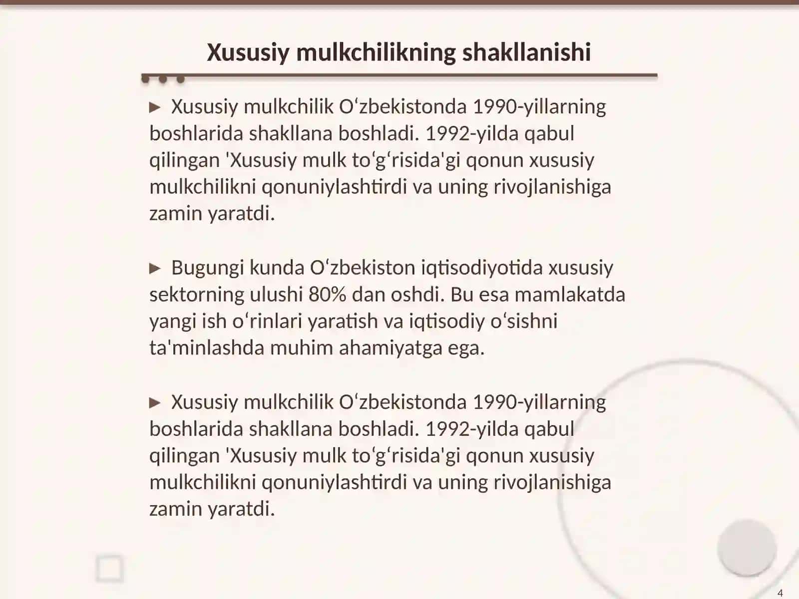 Iqtisodiy islohotlar, xususiy mulkchilikning shakllanishi. O‘zbekistonda bozor munosabatlarining rivojlanishi 4