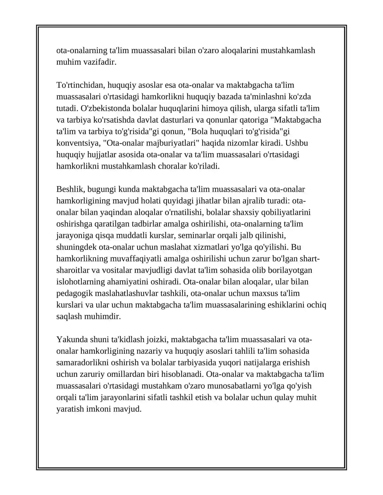 MAKTABGACHA TA'LIM TASHKILOTI VA OILA HAMKORLIGINING BUGUNGI KUNDAGI MUHIM JIHATLARI TAHLILI REFERAT 4