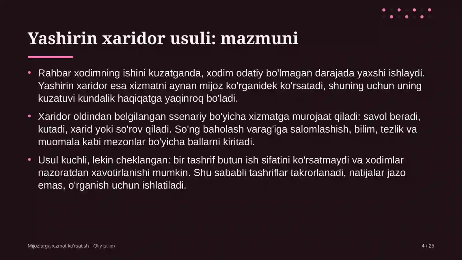 Yoga studiyalarida xizmat sifatini yashirin xaridor usulida baholash 4