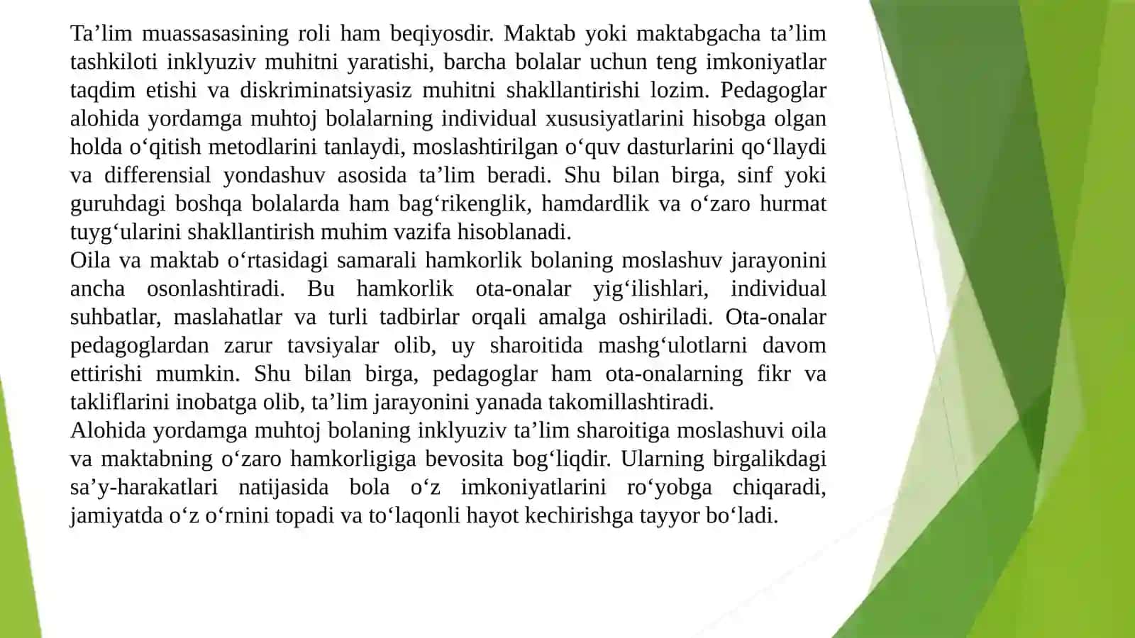 Alohida yordamga muhtoj bolani umumta’lim maktabi yoki maktabgacha ta’lim tashkilotida inklyuziv ta’lim sharoitida o‘qishiga moslashishda oila va maktabning o‘rni 4