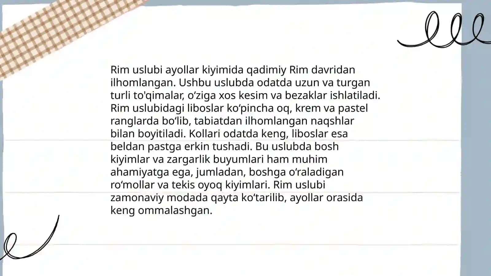 Sidirg‘a matosidan ayollar roma uslubidagi kiyimlarni zamonaviy retro uslubiga moslashtirib kiyim tikishg‘texnologiyasi 4