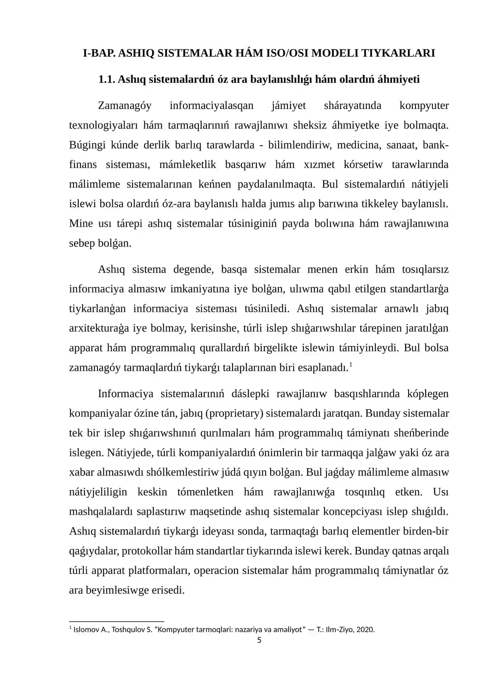 Ashıq sistemalardıń όzara baylanısı. ISO/OSI modeli. Tarmaq qatlamları (basqıshları). Protokol, interfeys, standartlar túsinikleri 4