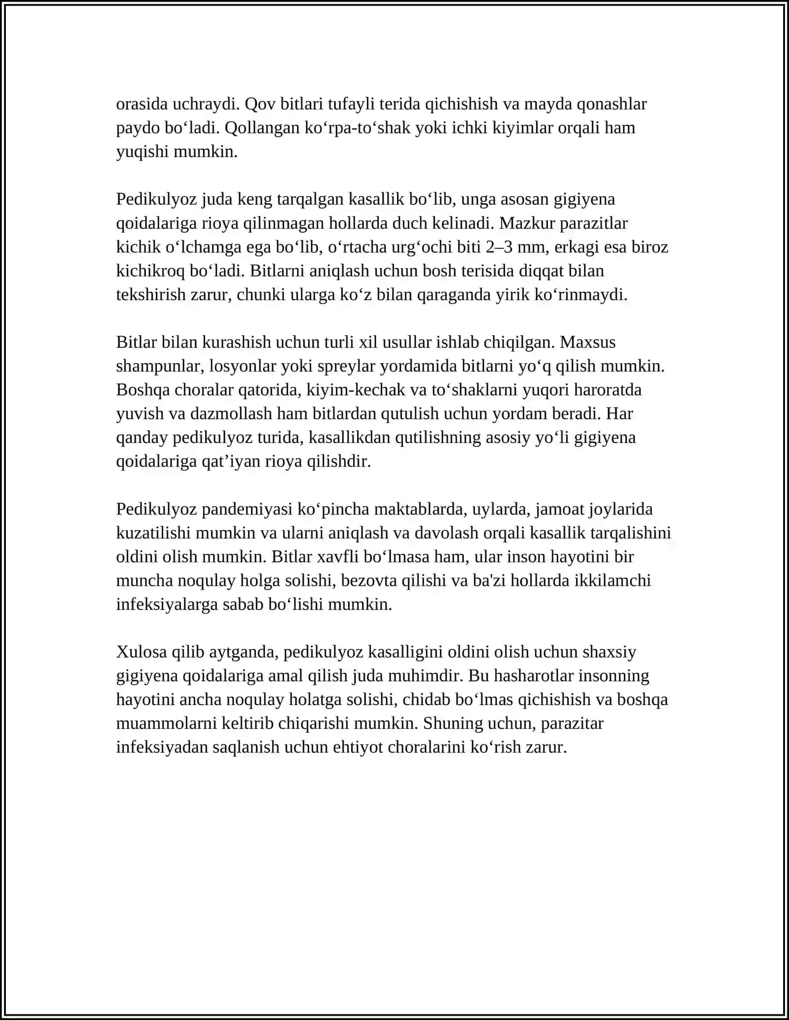 BEMORLARNI PEDIKULYOZGA TEKSHIRISH VA SANITAR ISHLOV BERISH USULLARI BILAN TANISHTIRISH 4
