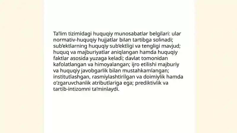 Ta’lim tizimidagi huquqiy munosabatlar tushunchasi, belgilari va tarkibiy qismlari 4