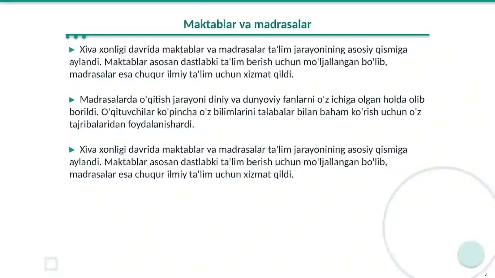 Xiva xonligi davrida ta'lim va tarbiya tizimi va Xiva xonligi davridagi tarixiy asarlarda pedagogik g'oyalar 4