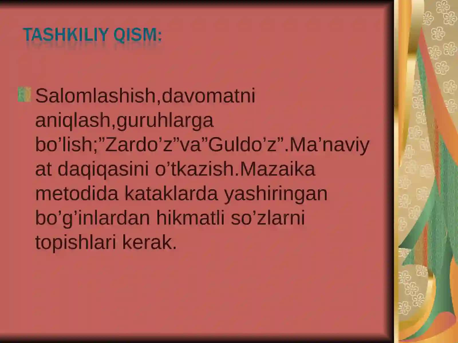 6-sinf Texnologiya fanidan Zardo'zlikda ishlatiladigan asbob-uskunalar. Zardo'zlik buyumlari dars ishlanma 4