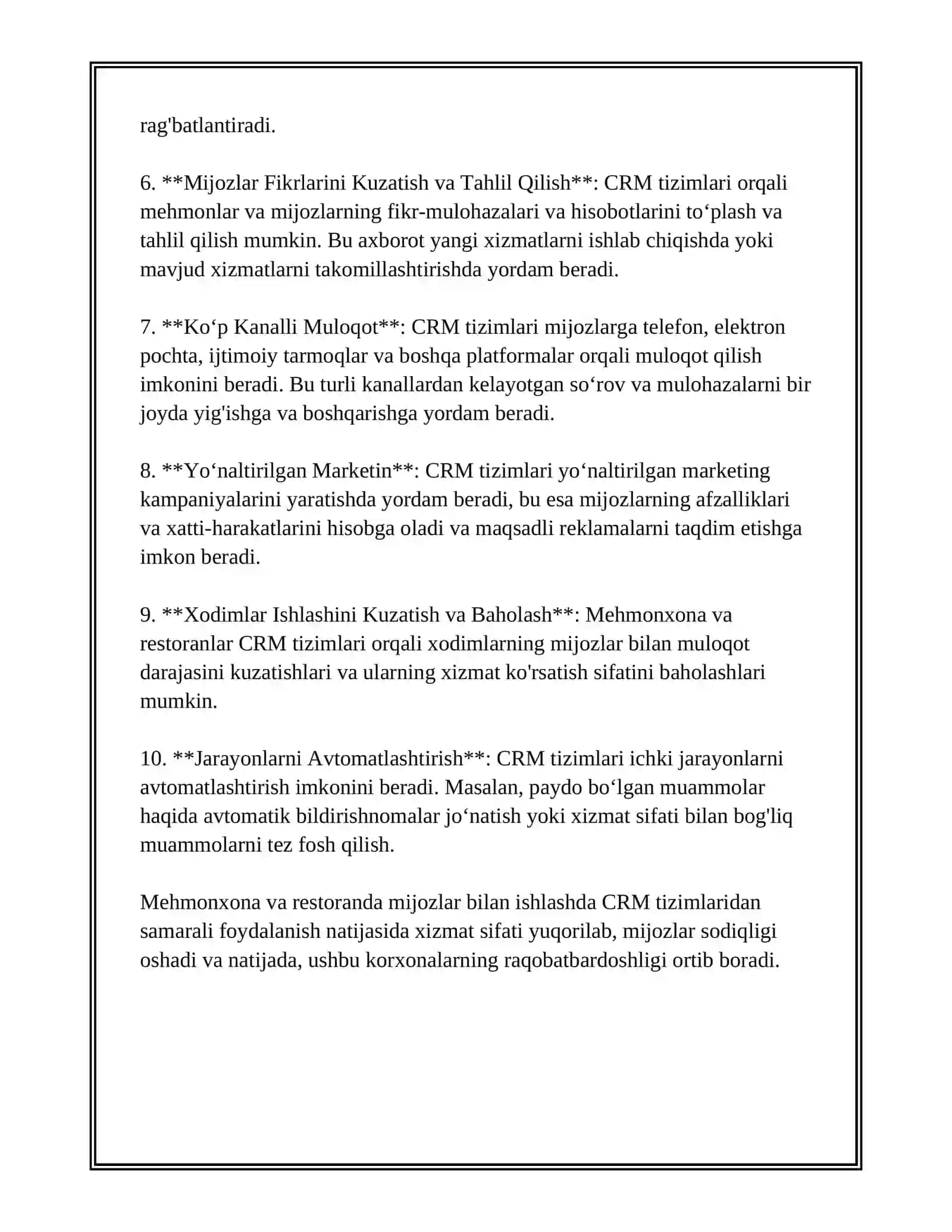 MEHMONXONA VA RESTORANDA MIJOZLAR BILAN ISHLASH(CRM) VA SODIQLIK DASTURLARI 4
