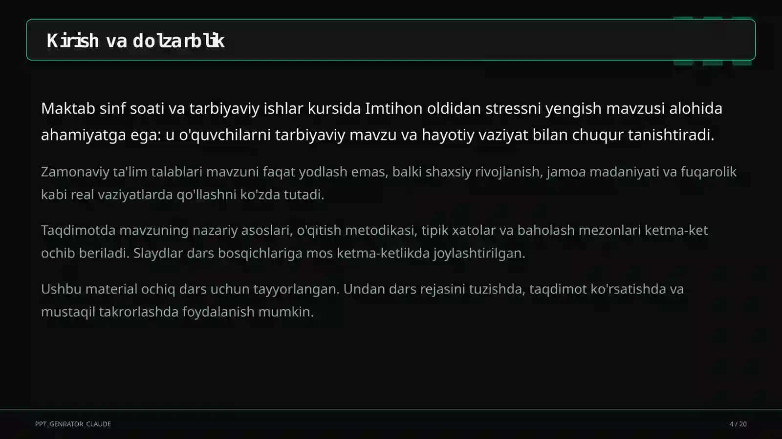 Sinf soati va tarbiyaviy tadbirlar (1–11) — ochiq dars uchun 4