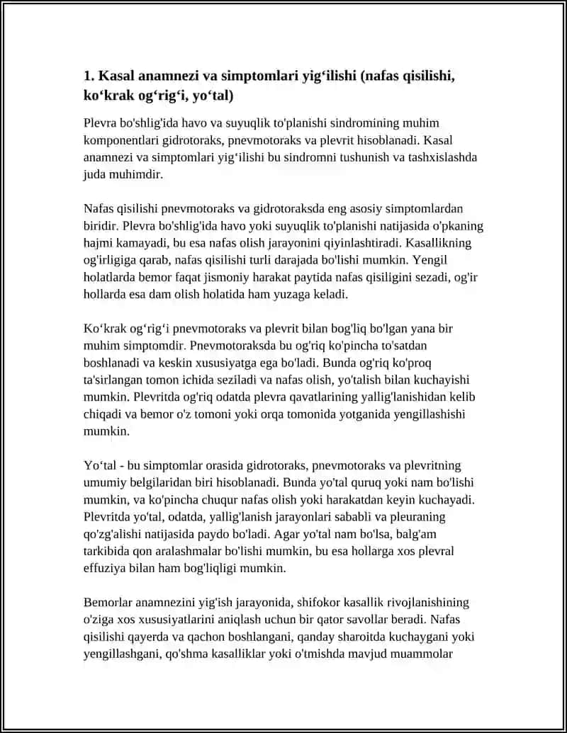 PLEVRA BO'SHLIG'IDA XAVO VA SUYUQLIK TOʻPLANISH SINDROMI. GIDROTORAKS.PNEVMOTORAKS.PLEVRIT 4