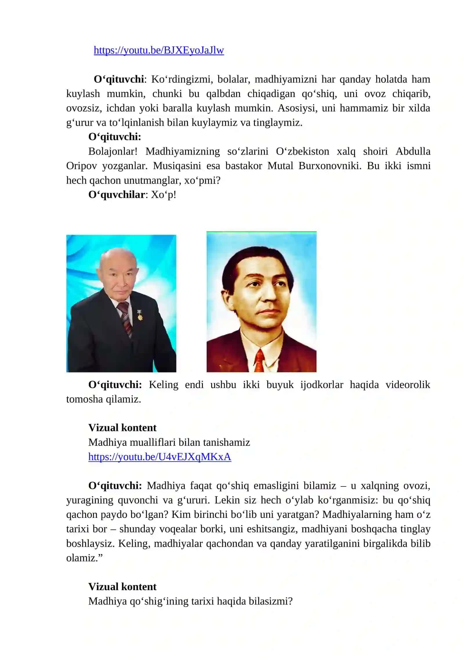 Kelajak soati darsining 1-4-sinflar uchun mashg'ulot ssenariysi: 15-mavzu: "Millat qo'shigi" 4