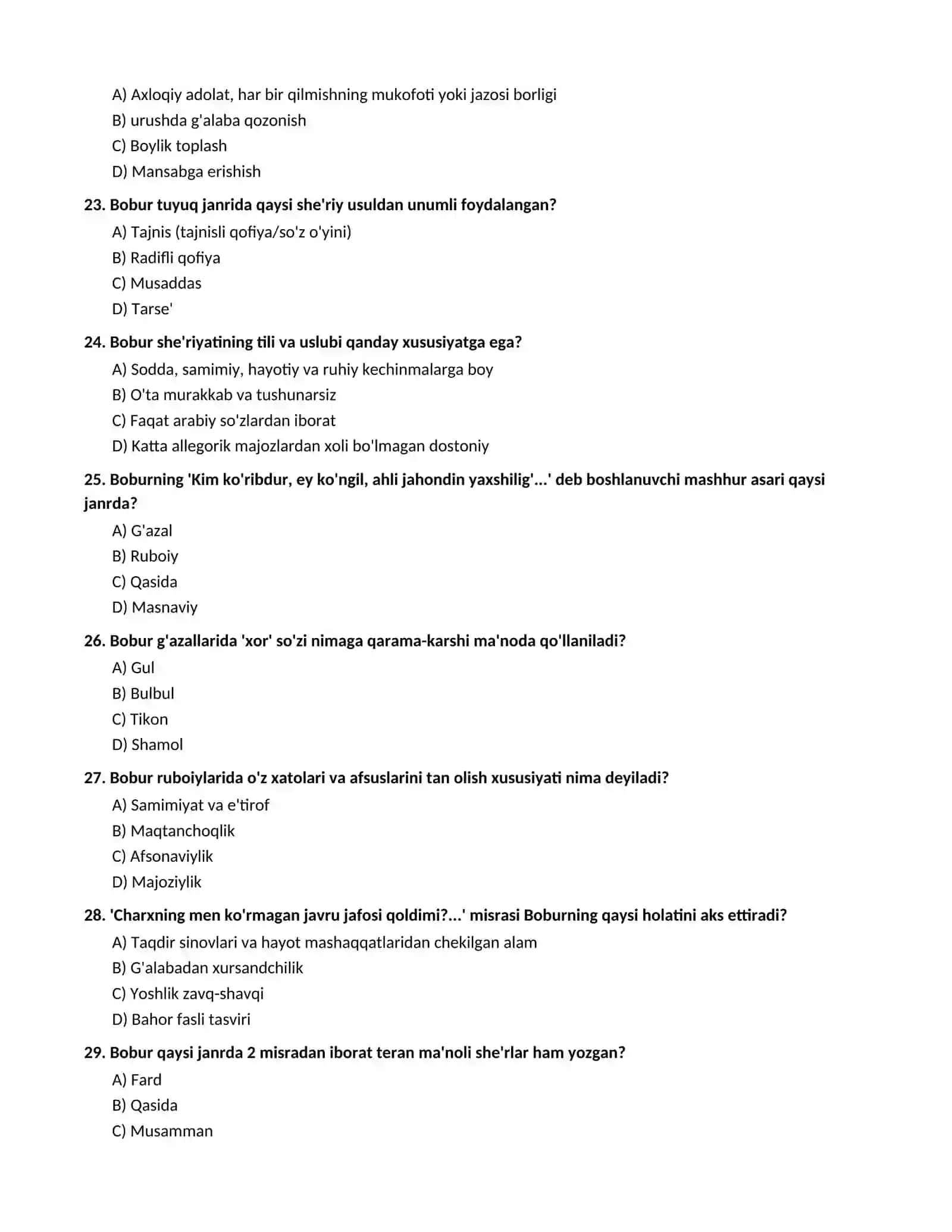 ZAHIRIDDIN MUHAMMAD BOBUR HAYOTI VA IJODI (Maktab darsligi asosida 100 talik test va javoblar) 4