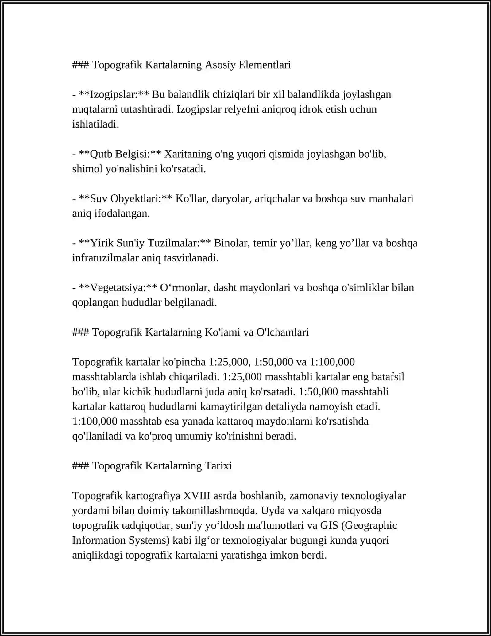 MUSTAQIL ISH Mavzu: TOPOGRAFIK KARTALAR VA PLANLAR BOʻYICHA TUSHUNCHA 4
