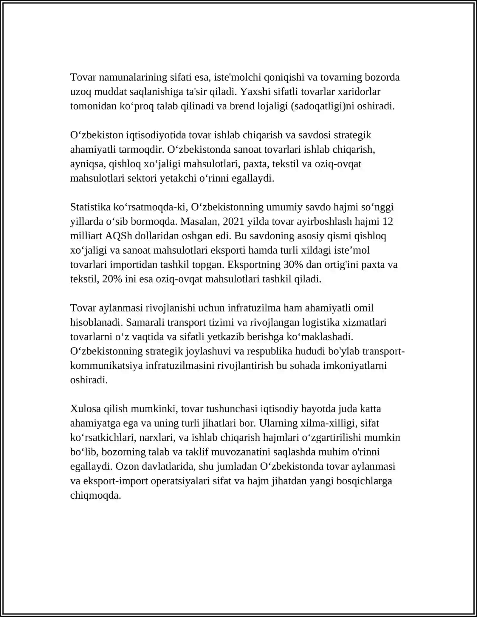 MUSTAQIL ISH Mavzu: TOVAR VA UNING XUSUSIYATLARI 4