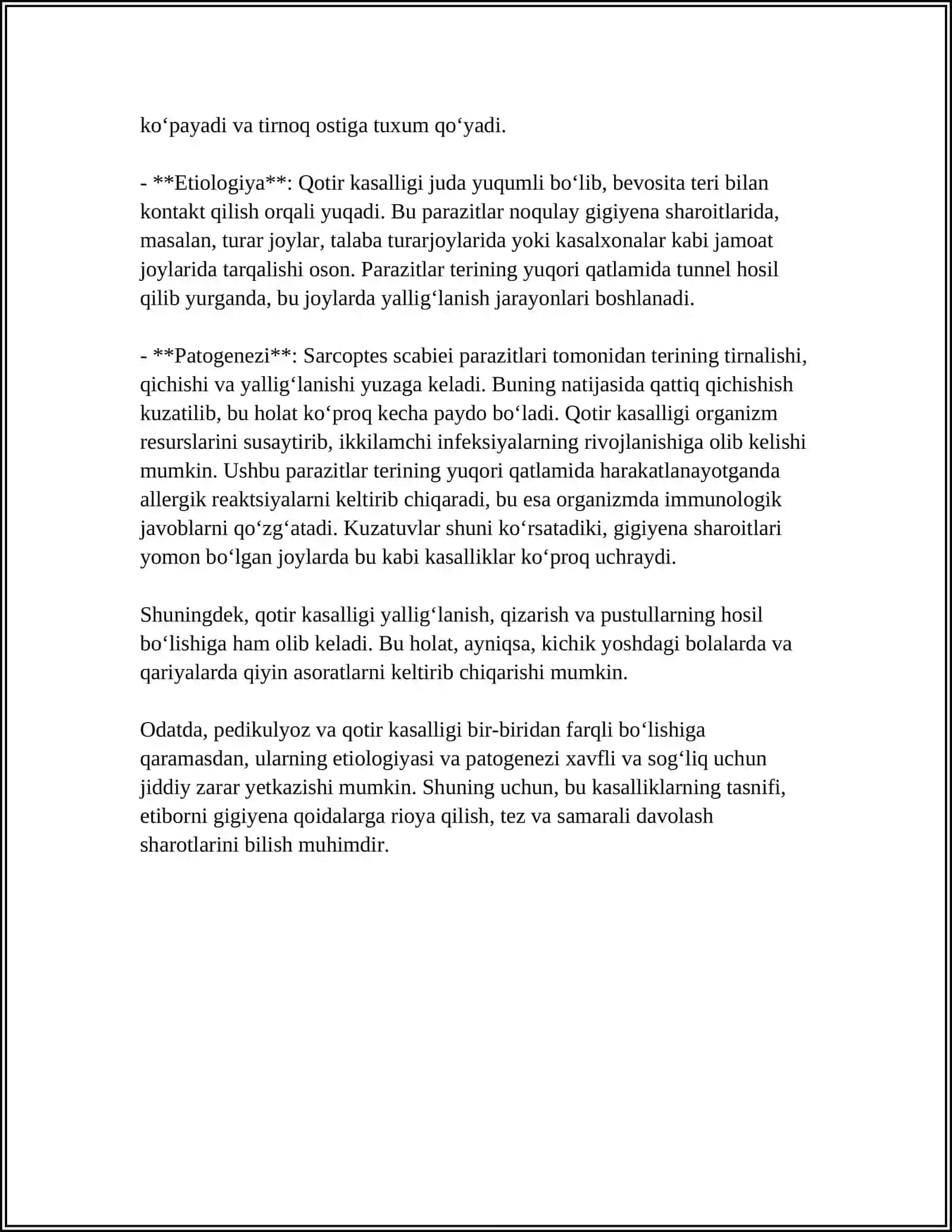 REFERAT:PEDIKULYAR VA QOTIR KASALLIGI DAVOLASH VA KASALLIGINING EKOLOGIYASI 4