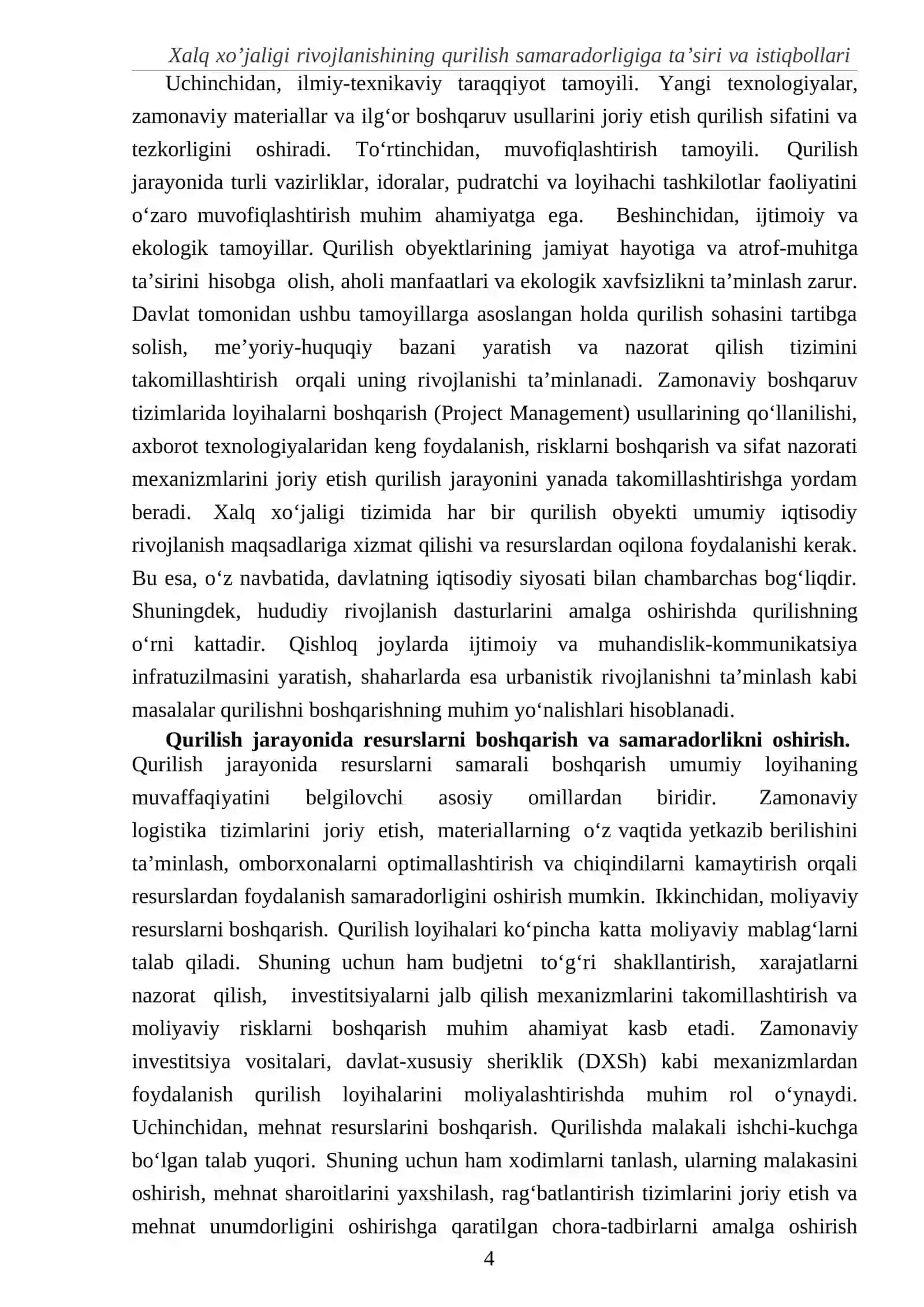 Qurilishni tashkil etishda xalq xo’jaligi rivojlanishining qurilish samaradorligiga ta’siri va istiqbollari 4