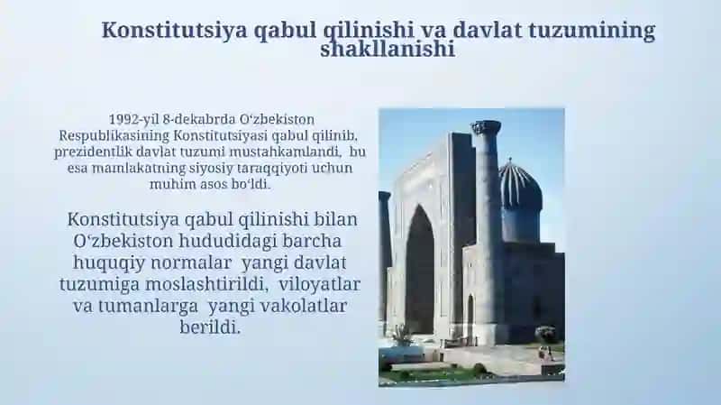 Mustaqil O'Zbekiston Respublikasi tashkil topishining tarixiy ahamiyati 4