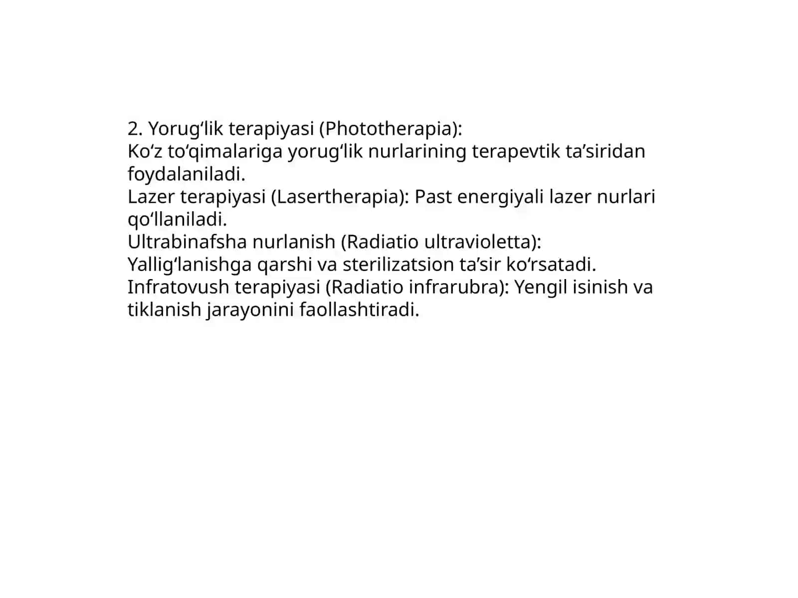 Oftalmologiyada qo‘llaniladigan fizioterapevtik davolash usullari 4