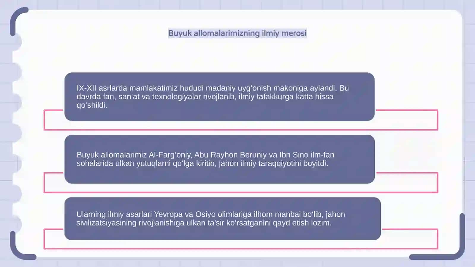 IX-XII asrda mamlakatimizda hududida ro‘y bergan madaniy uyg‘onish va buyuk allomalarimizning jahon sivilizatsiyaga qo‘shgan hissasi 4