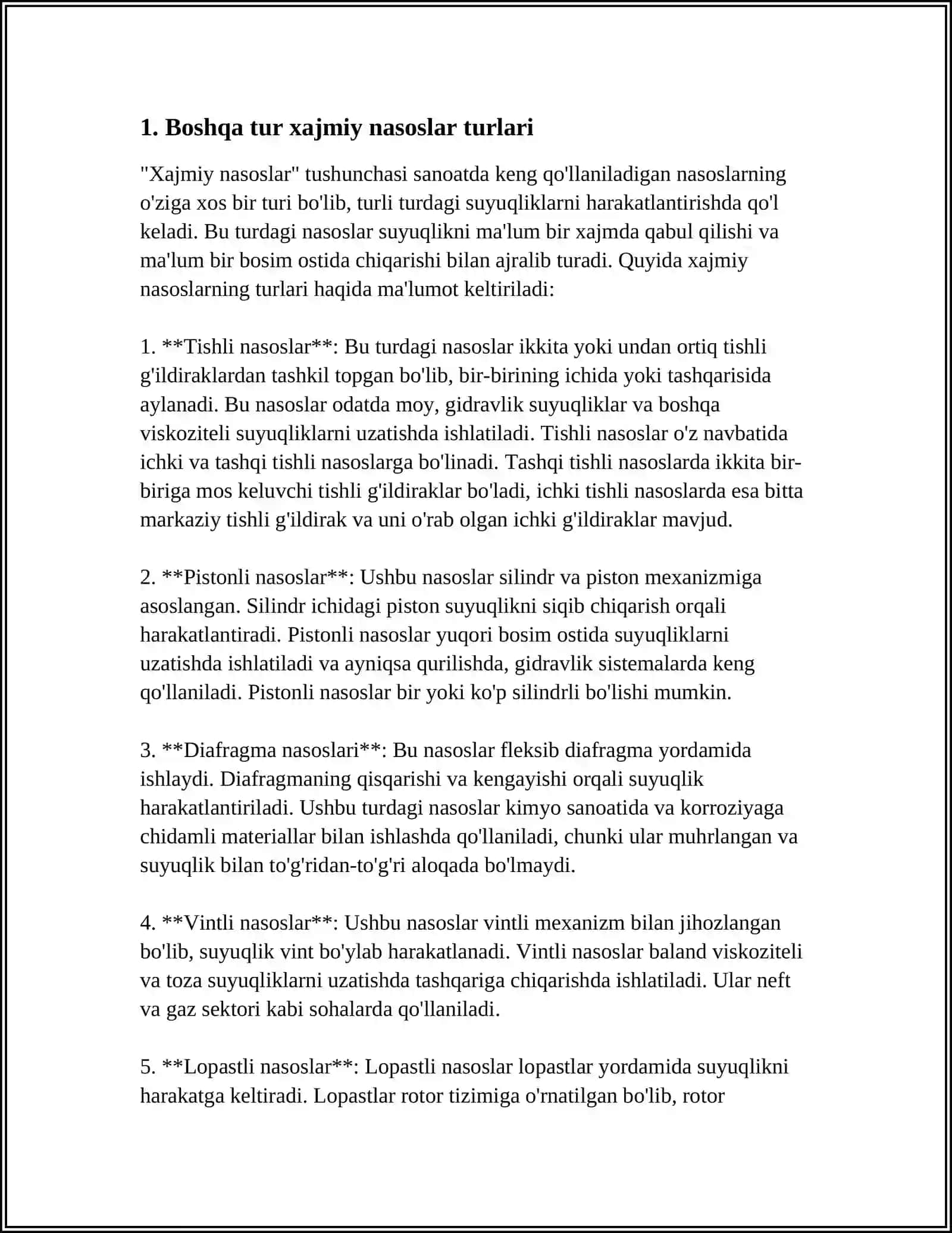 BOSHQA TUR XAJMIY NASOSLAR SHESTERNYALI,KOLOVAROTLI,VINTLI,PLUNJERLI, DIAFRAGMALI NASOSLAR, ULARNING QOʻLLANISH SOHASI 4