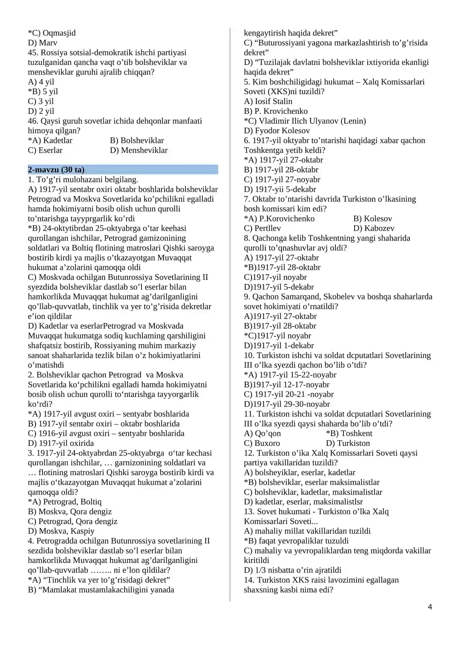 10-sinf O’zbekiston tarixidan mavzulshtirilgan testlar 4
