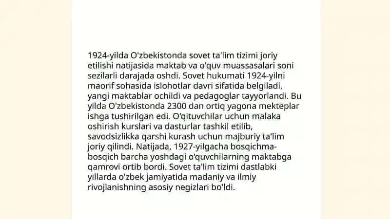 1924-1991-yillarda O'zbekistonda ta'lim tizimi. Mustaqillik yillarida pedagogik fikrlar rivoji 4