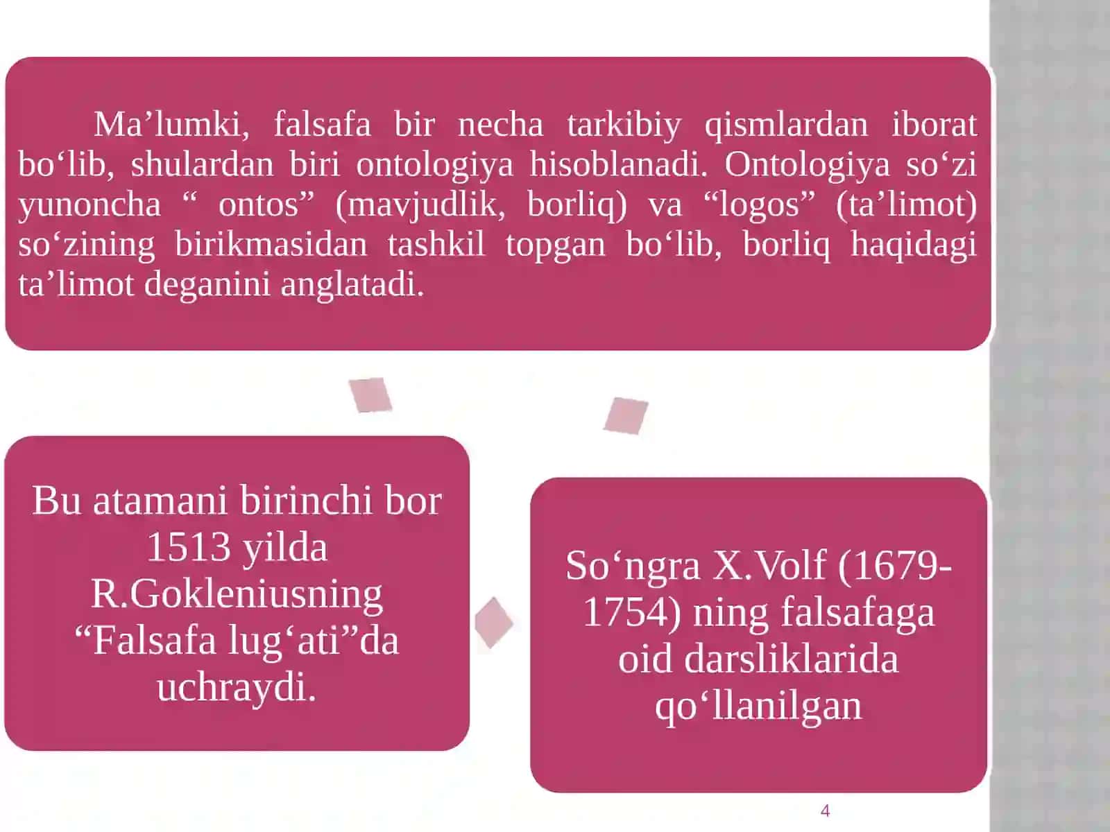 Borliq falsafasi (Ontologiya). Rivojlanish falsafasi. Bilish falsafasi (Gnoseologiya) 4