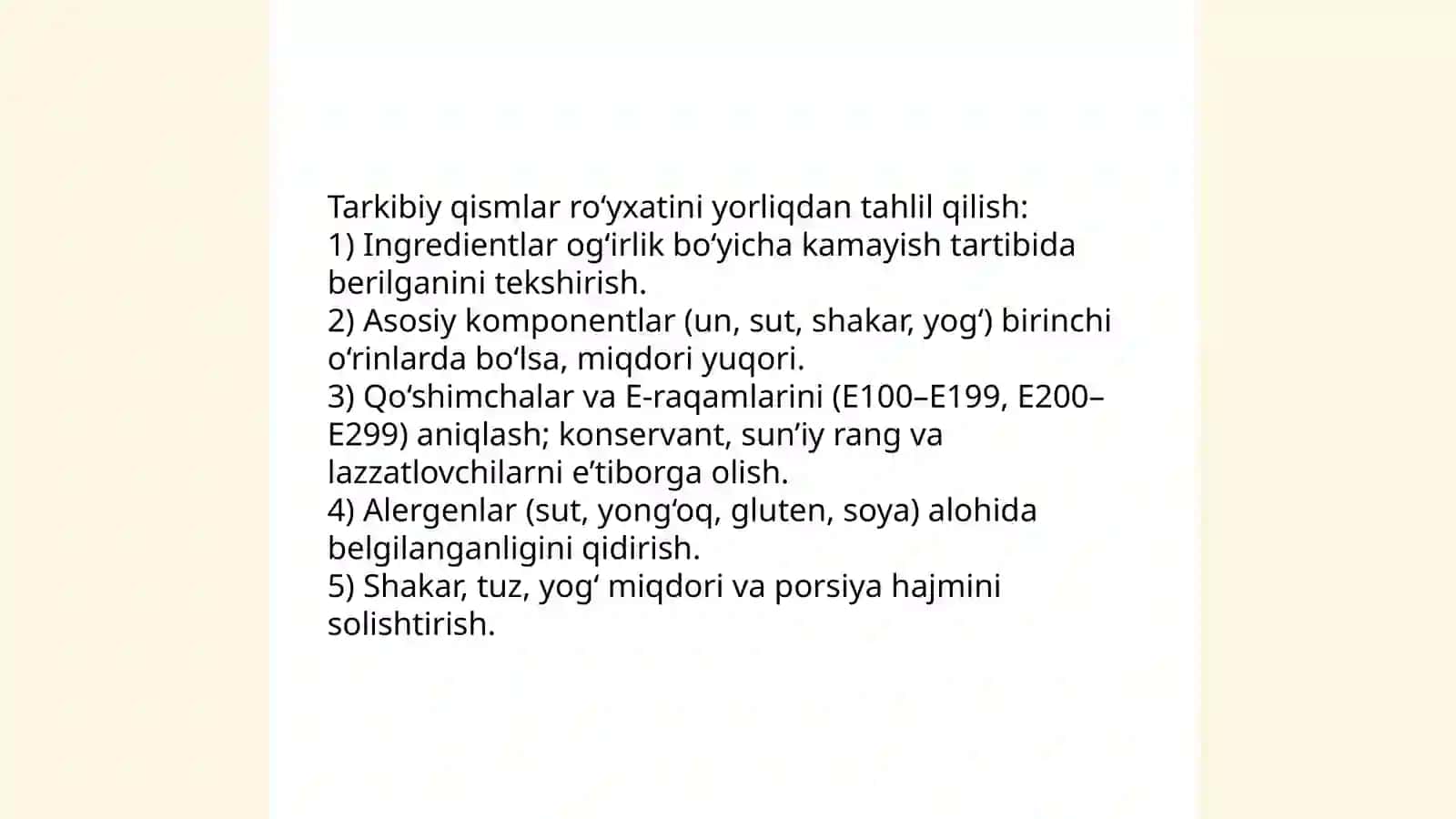 Oziq ovqat mahsulotlarini tarkibi foydali va zararli xususiyatlarini yorliq orqali aniqlash 4