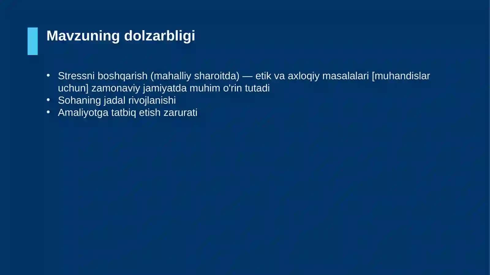 Stressni boshqarish (mahalliy sharoitda) — etik va axloqiy masalalari [muhandislar uchun] 4