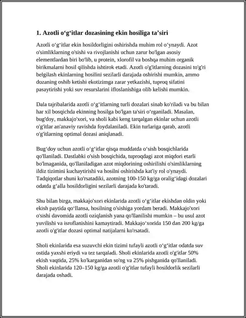 EKINLARINI AZOTLI O‘G‘ITLAR BILAN OZIQLANTIRISHDA OLIB BORILADIGAN TAJRIBALAR 4