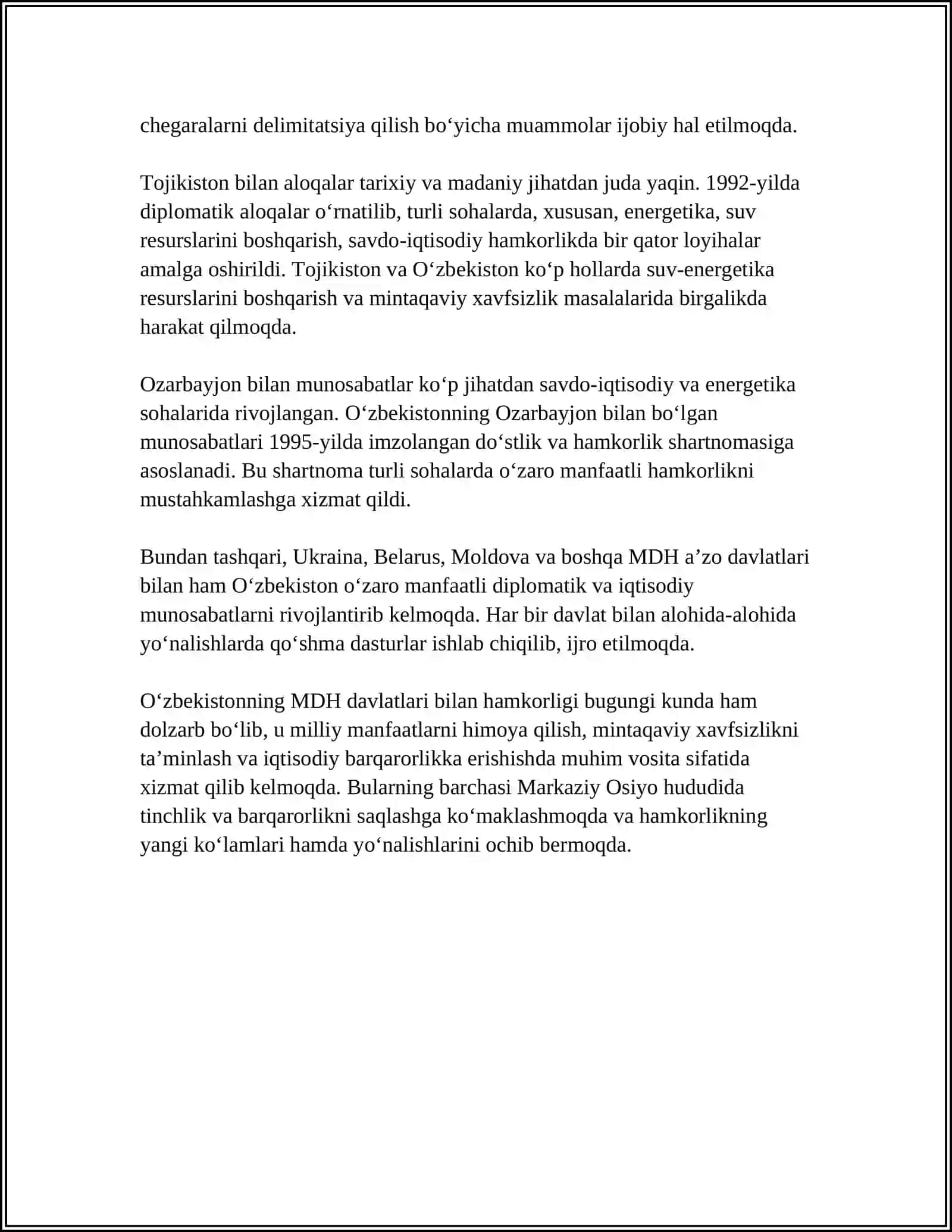 OʻZBEKISTONNING MDHDA A'ZO DAVLATLARI BILAN OʻZARO HAMKORLIK OLOQALARI 4