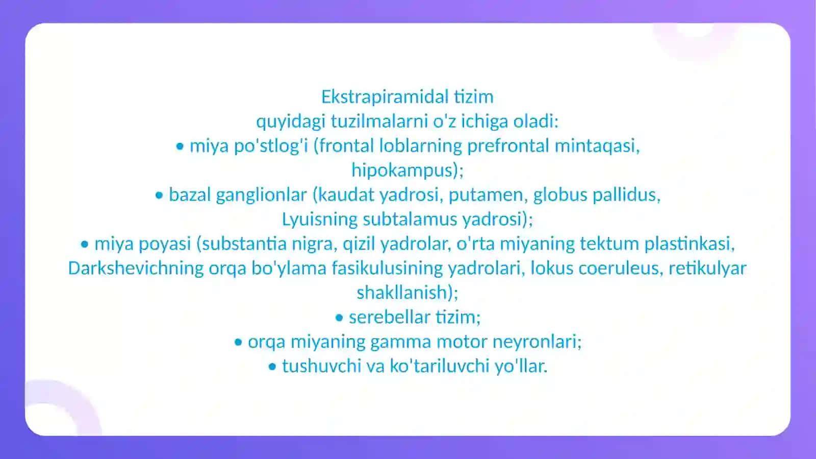 Harakat koordinatsiyasi va ekstra piramidal tizim. Striar va pallidar sistema. Zararlanish sindrom lari. Giperkinetik va gipokinetik va porkinsonizim. Miyacha. Harakat koordinatsiyasini tekshirish usullari. Ataksiya turlari 4
