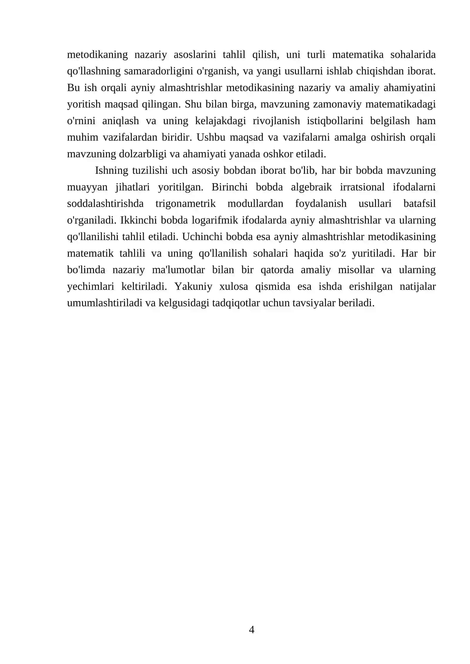 Algebraik irratsianal trganametirik moduli logarifmik va boshqa ifodalarda Ayniy almashtrishlar metodikasi 4