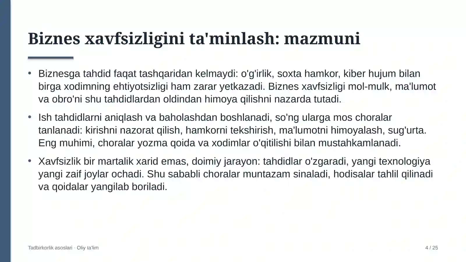 Tadbirkorlik asoslari · Oliy ta'lim 4
