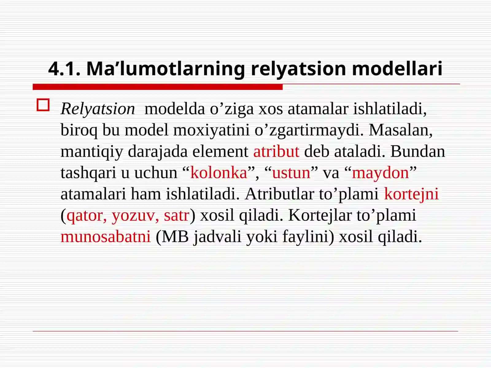 Ma’lumоtlarning rеlyatsiоn mоdеllari. 4