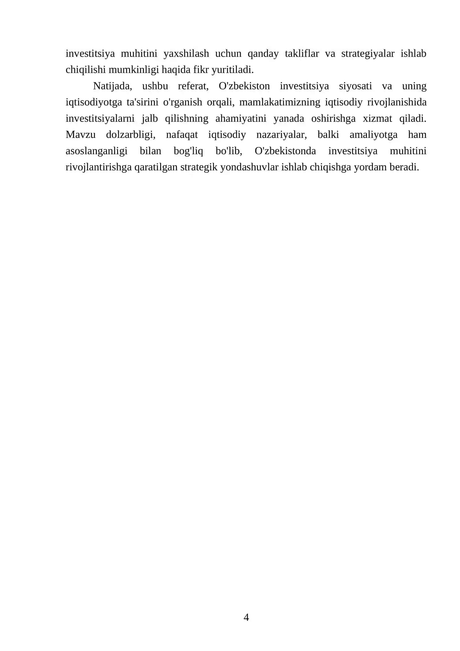 Investitsiya siyosatining O'zbekiston iqtisodiyotidagi o'mini organib, investitsiya loyihalari tahliliga oid referat yozish 4