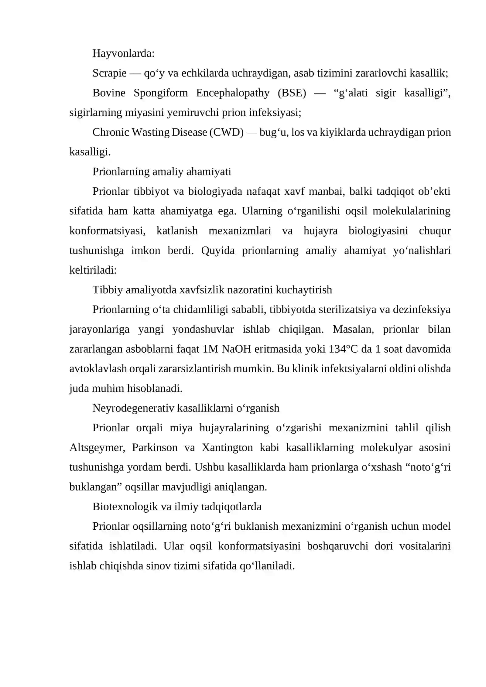 Prionlarning (Proteinaceous Infectious Particle – oqsilsimon yuqumli bo‘lakcha) amaliyotda ahamiyati 4