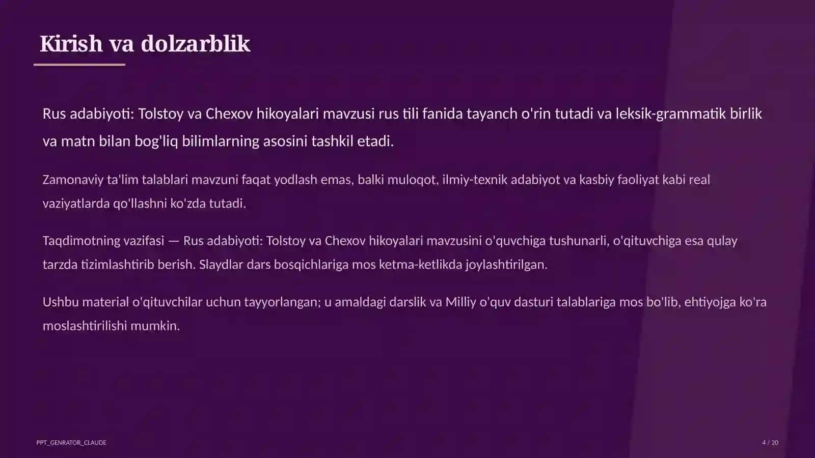 Rus adabiyoti: Tolstoy va Chexov hikoyalari (10-sinf) 4
