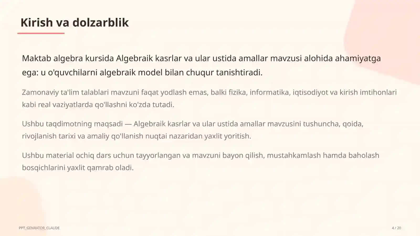 Algebraik kasrlar va ular ustida amallar (8-sinf) 4