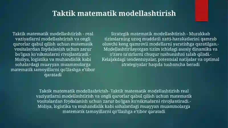 Taktik Matematik Modellashtirish. Strategik Matematik Modellashtirish 4