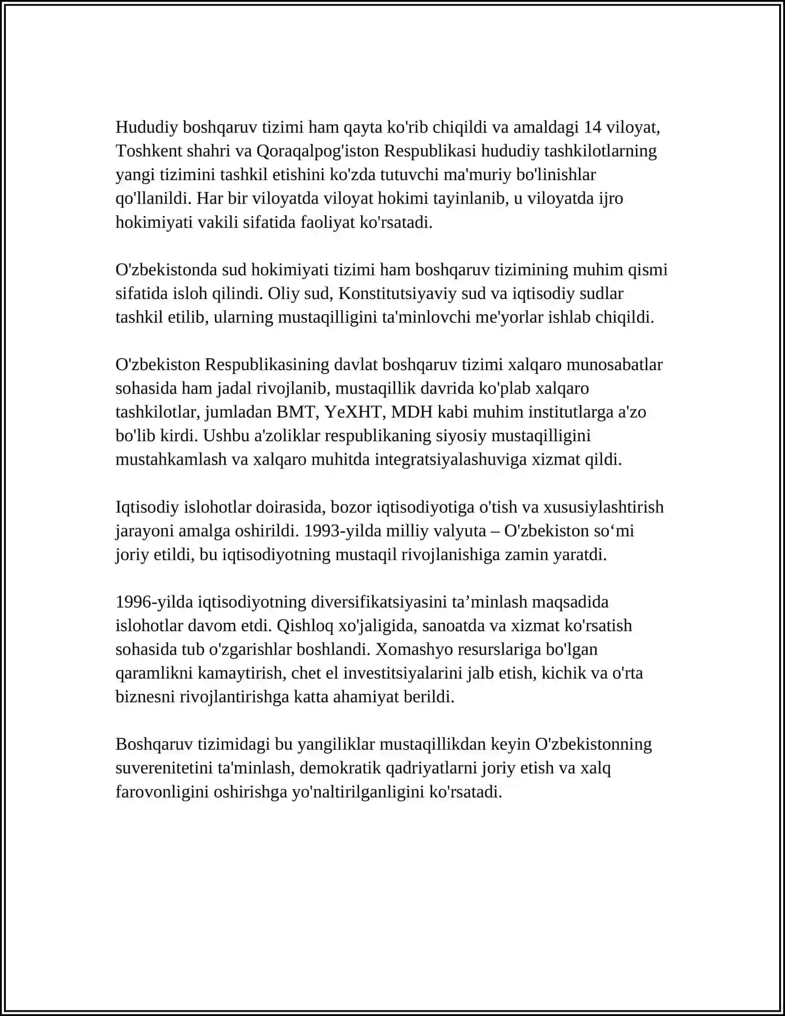 MUSTAQILLIK YILLARIDA DAVLAT BOSHQARUVI TIZIMIDA AMALGA OSHIRILGAN ISLOHATLLAR 4