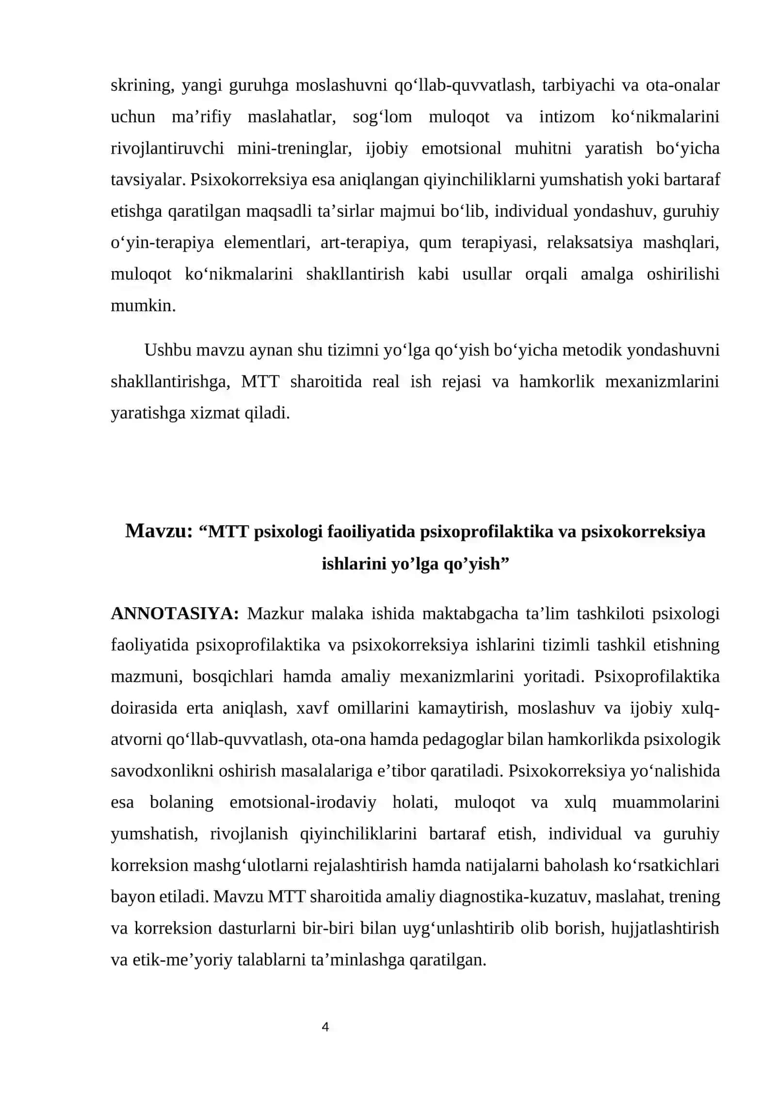 "MTT psixologi faoiliyatida psixoprofilaktika va psixokorreksiya ishlarini yo’lga qo’yish" MALAKA ISHI 4