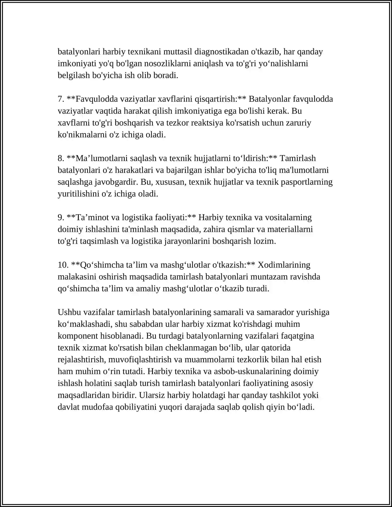 TAMIRLASH BATALONLARINING VAZIFASI,MÒLJALLANISHI,TUZILISHI,IS HAJMI 4