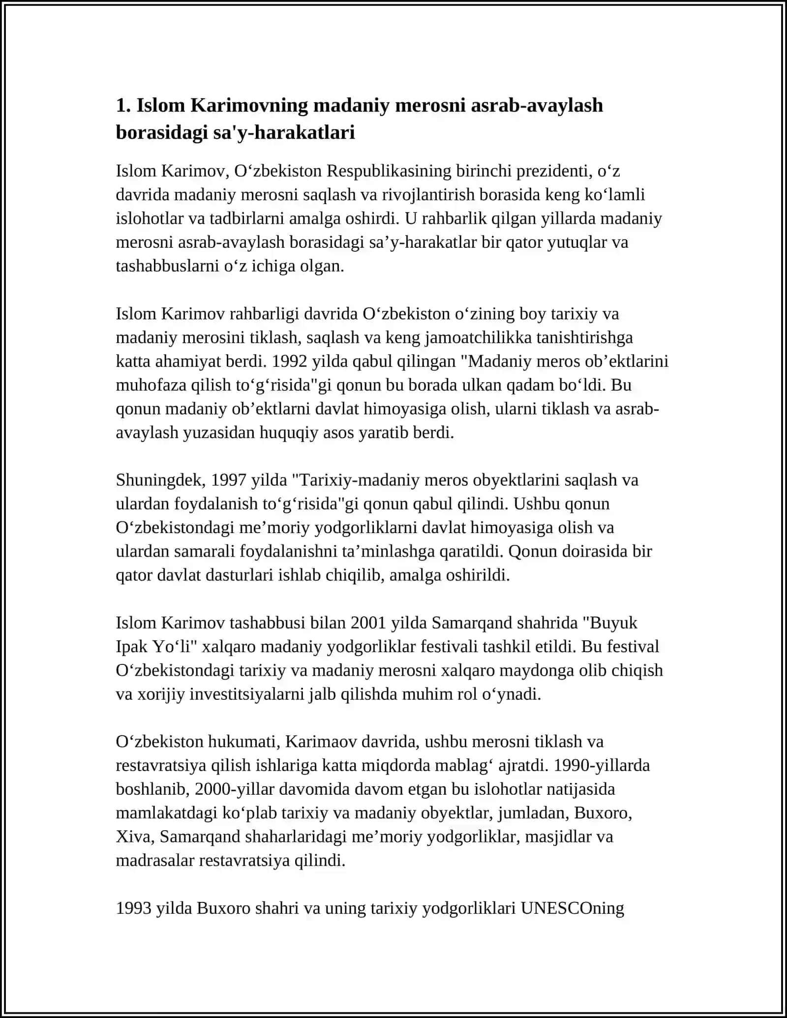 ÔZBEKISTON RESPUBLIKASI BIRINCHI PREZIDENTI ISLOM KARIMOVNING AJDODLAR MEROSI VA MILLIY QADRIYATLARNI TIKLASH BORASIDAGI XIZMATLARI 4