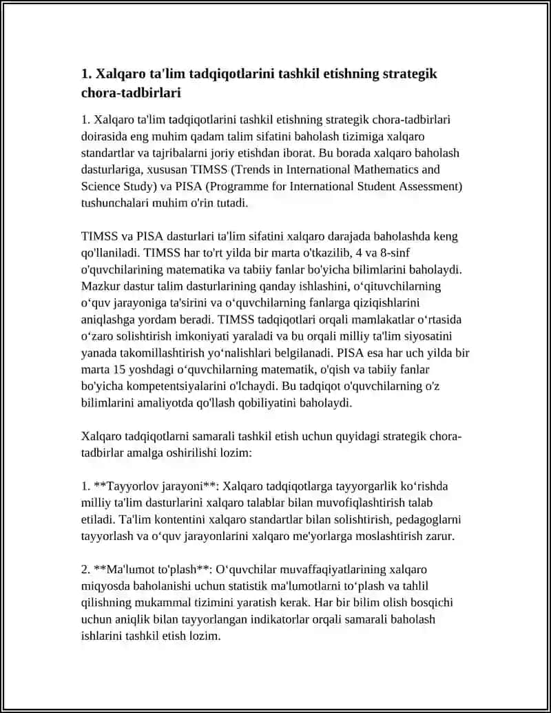 XALQ TALIM TIZIMIDA TALIM SIFATINI BAHOLASH TIZIMIDAGI XALQARO TADQIQOTLARNI TASHKIL ETISH TOGRISIDAGI CHORA TADBIRLAR 4