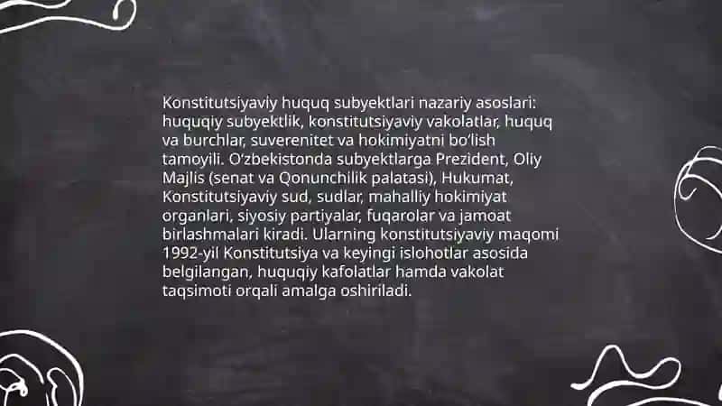 OʻZBEKISTON Respublikasi Konstitutsiyaviy huquqi obyekti va subyektlari 4