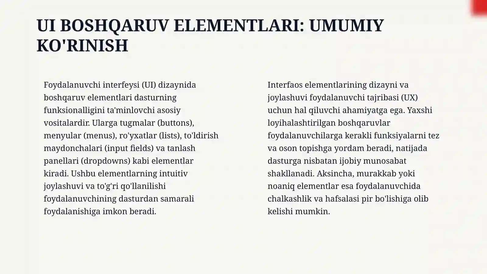 Foydalanuvchi interfeysi dizaynidagi boshqaruv elementlari. Utilit dasturlar. Buyurtma yoki tayyor dasturiy ta`minot. 4