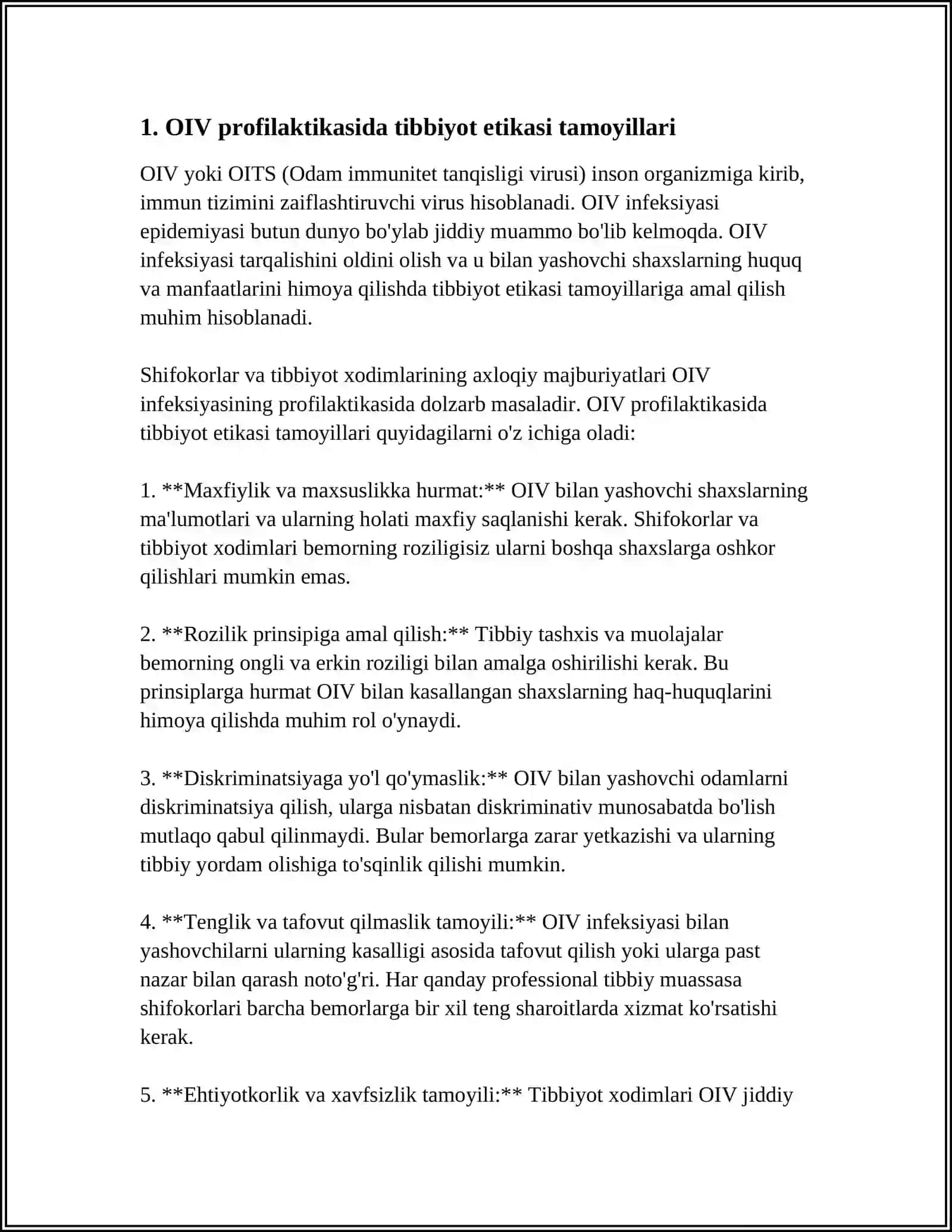 AXOLI ORASIDA OIV INFEKSIYASI TARQALISHINI OLDINI OLISHGA QARATILGAN PROFILAKTIK TADBIRLAR OIV INFEKSIYASI BILAN YASHOVCHI SHAXSLAR BILAN ISHLASH JARAYONIDA TIBBIYOT ETIK VA DEONTOLOGIYAGA AMAL QILISH 4
