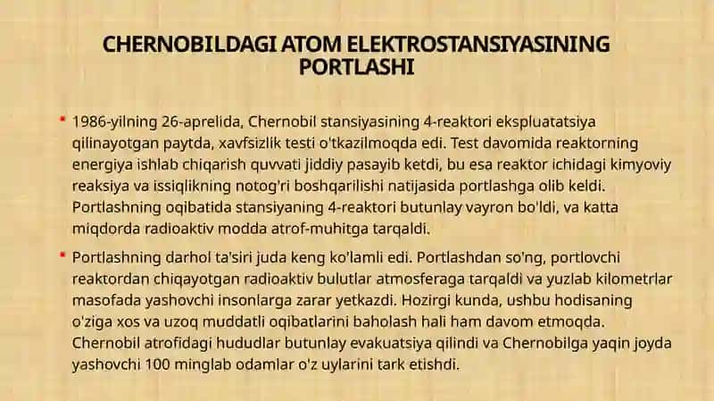 CHERNOBILDAGI ATOM ELEKTROSTANSIYASINING PORTLASHI VA UNING INSONIYATGA ZARARI 4